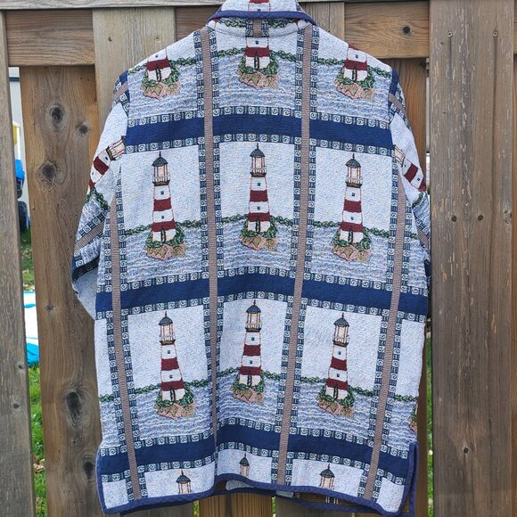 ADORABLE BLAIR Lighthouse Tapestry Blazer Women's Size L Costal Navy Nautical - Picture 2 of 6